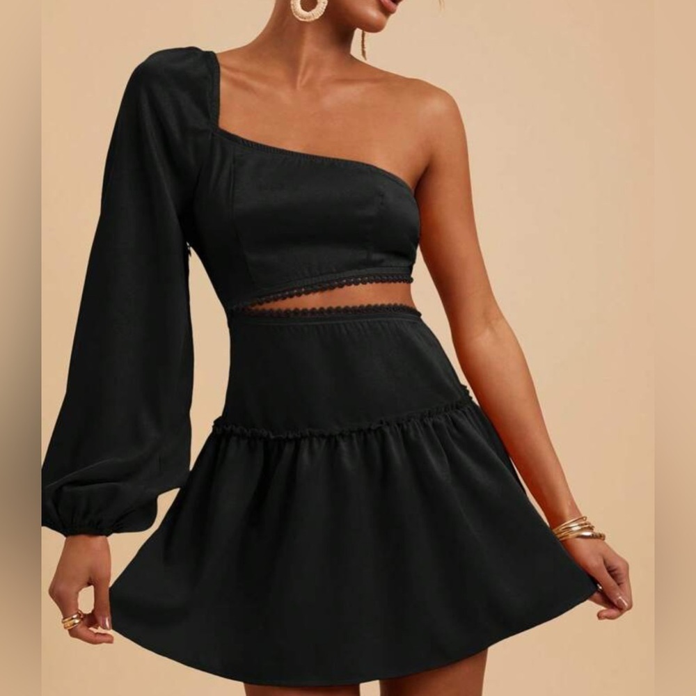 ✨SHEIN Black One Shoulder‎ Cutout Mini Dress NWT Flowy Party Chic Women L✨